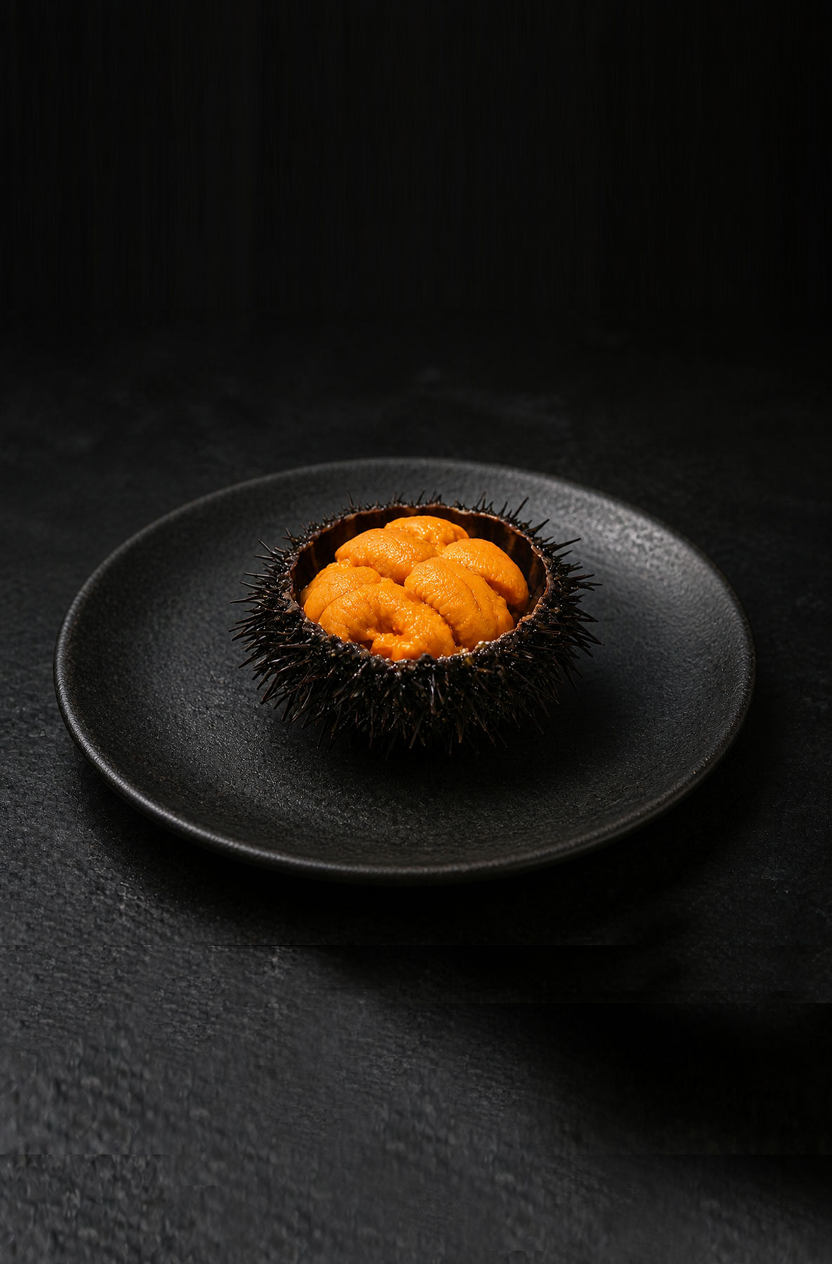 Sea urchin served in its shell on a dark ceramic plate